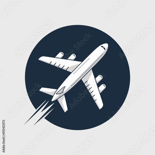 Top View of Commercial Jet Airplane in Flight within a Dark Circular Badge Symbolizing Air Travel and Global Aviation