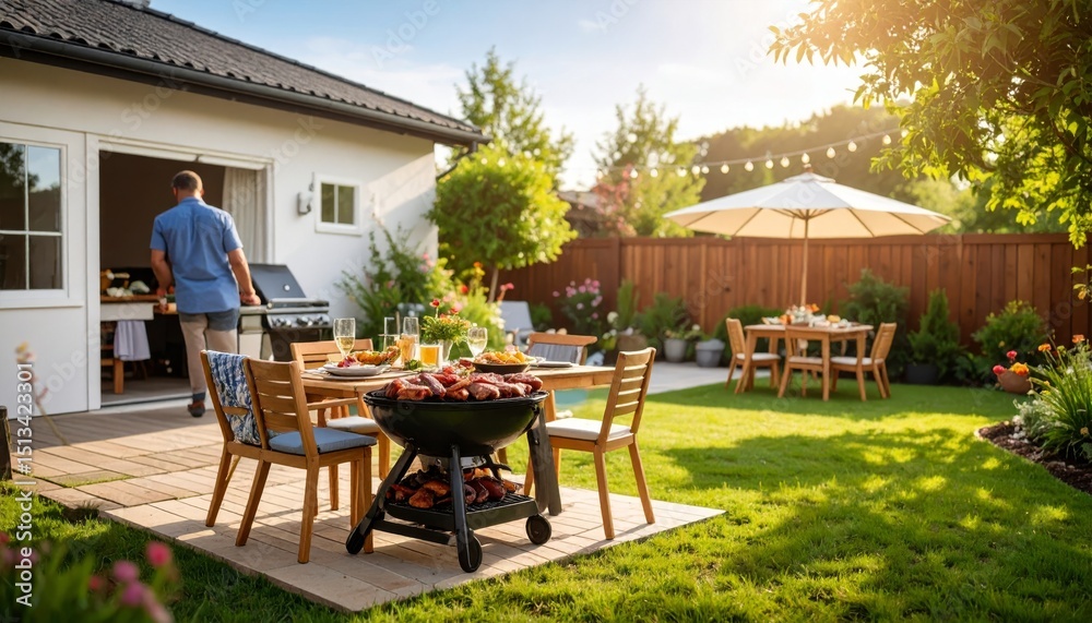 Obraz premium Backyard barbeque exterior background, summer mood