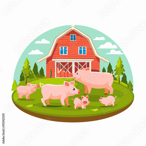 illustration of two pigs with piglets with a red barn and trees in the background