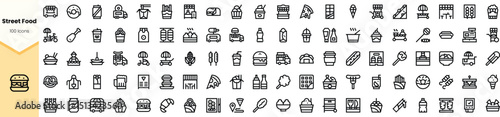 A vibrant collection of street food icons, showcasing various culinary delights in minimalist line art. Perfect for food-related designs and backgrounds.