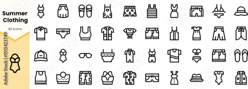 A vibrant collection of summer clothing icons featuring various styles for warm weather, including swimsuits, dresses, and accessories, perfect for seasonal fashion.