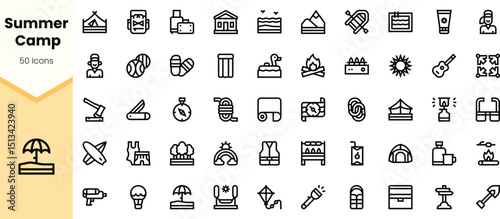 A collection of camp-themed icons including tents, campfires, guitars, and outdoor activities, perfect for summer camp illustrations and designs.