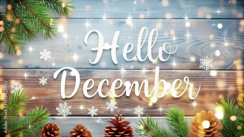 Happy December background. Hello Winter season. Cartoon illustration Template for Poster, Banner, Greeting, Card, Flyer, Cover, Sale, Promotion. Snowfall, Snowy weather. Welcome December design
