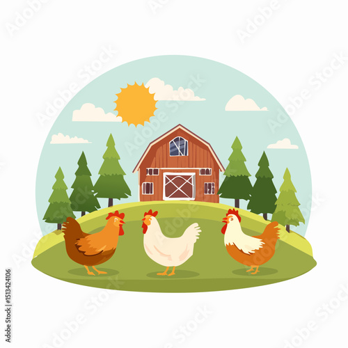 illustration of three chickens with barn, trees, sun, and clouds in background