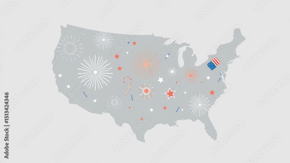 Obraz premium Celebrate Independence Day A Festive Map of the United States with Fireworks and Patriotic Symbols