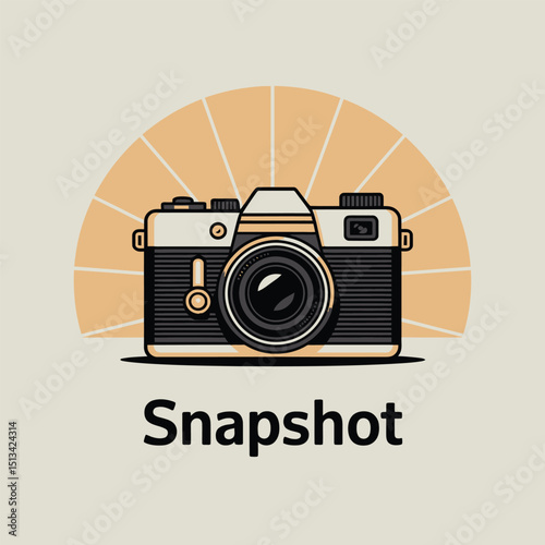 Vintage Camera with Radiating Sunset Graphic and 'Snapshot' Text on Neutral Background Representing Photography, Memories, and Capturing Special Moments.