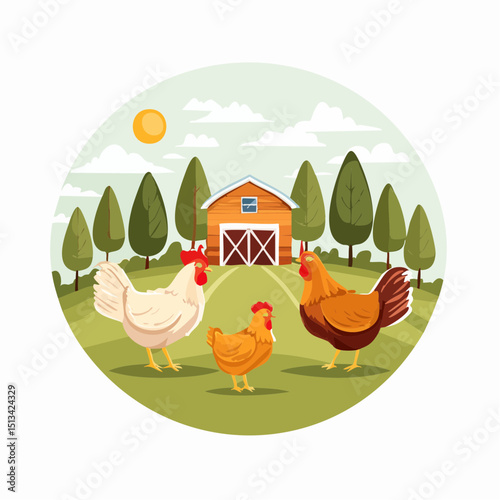 three chickens with barn, trees, sun, and clouds in background