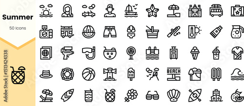 A collection of minimalist black icons representing summer themes, including beach items, leisure activities, and refreshing drinks, perfect for seasonal designs.