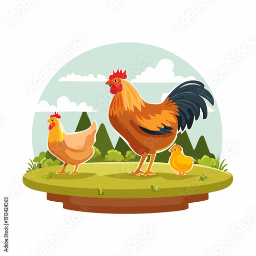 illustration of chicken, rooster, and baby chick with trees and clouds in background