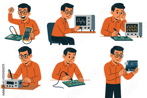 Electronics engineer using multimeter, oscilloscope, logic analyzer, function generator, soldering station, Arduino, emotional actions, flat vector