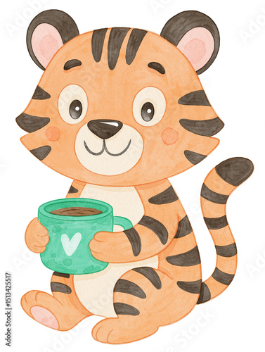 Cute tiger holding green coffee cup, watercolor cartoon jungle animal