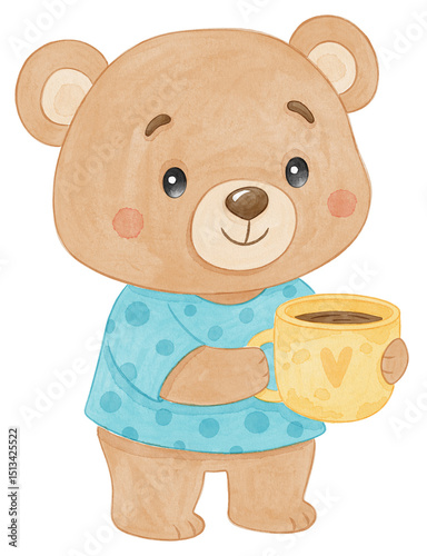 Cute bear in blue shirt holding yellow coffee cup, watercolor cartoon illustration.