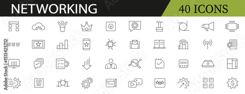 Networking related icon collections. Containing connection, communication, internet, data, link, signal, server, sharing, wireless, and technology icons. Editable Stroke. Outline icons.