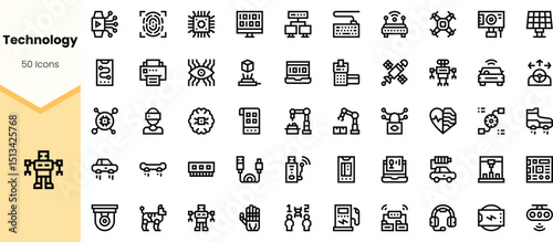 A collection of technology icons, featuring various symbols representing innovation, robotics, and digital advancements in a minimalist black line design.