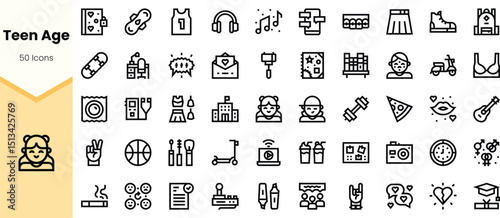 A collection of stylish icons representing the diverse interests and activities of teenagers, including music, sports, fashion, and technology.