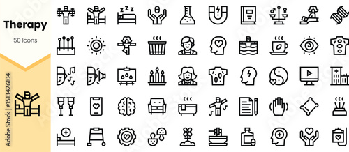 A collection of therapy-related icons in a clean, minimalist style showcasing various aspects of mental health and wellness.