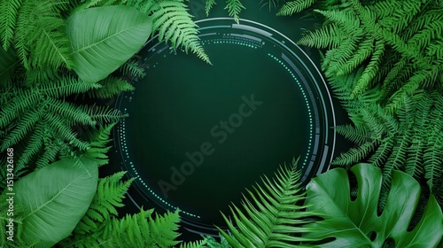 economy growth demand concept. Lush green foliage surrounds a circular space, creating a natural frame.