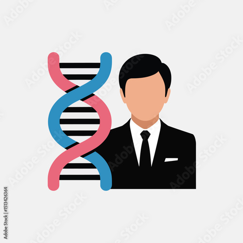 Flat Vector Illustration of DNA Research with Blue and Pink DNA Helix and Faceless Male Scientist in Black Suit, Representing Genetics and Scientific Study