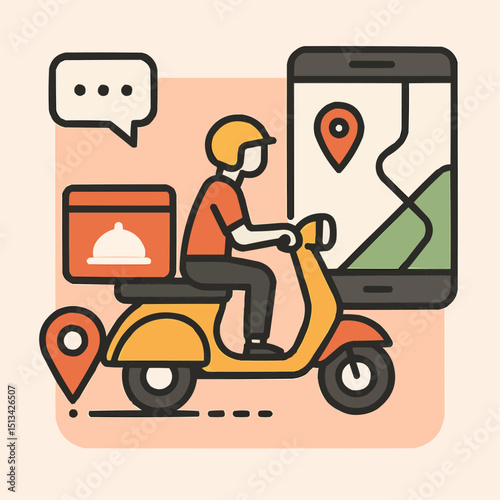 Flat design of food delivery scooter driver navigating with large smartphone map, isolated on white.