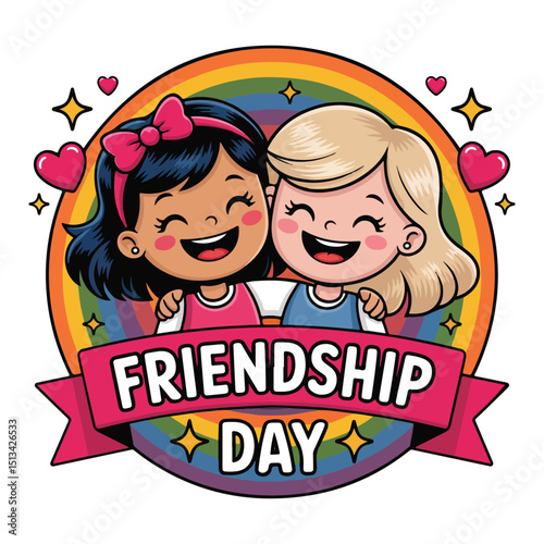 Cute Cartoon Girls Friendship Day Illustration with Rainbow Badge