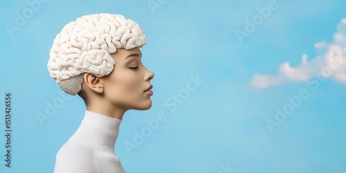 economy growth demand concept. Profile of a woman with a brain for a head, set against a blue sky backdrop.
