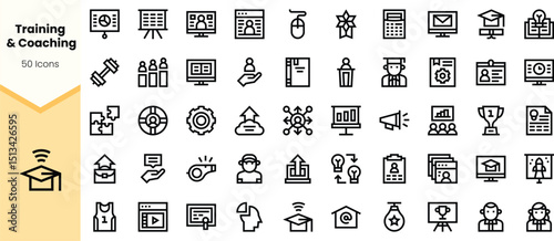 A collection of black line icons representing training and coaching themes, including education, teamwork, and achievement, against a light-colored background.