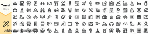 A diverse set of minimalist travel icons showcasing various modes of transportation, landmarks, and travel essentials, perfect for travel-related projects.