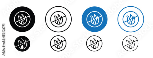 Set of colored pixel perfect No fire icon with 1 unexpanded, 1 silhouette,  A prohibition sign showing no fire or flames allowed. 