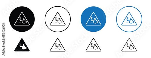 Set of colored pixel perfect pinched warn sign icon with 1 unexpanded, 1 silhouette,  A warning sign showing fingers being pinched, indicating caution. 