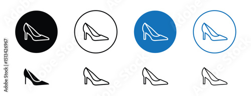 Set of colored pixel perfect leather shoes heel icon with 1 unexpanded, 1 silhouette,  A high-heeled leather shoe icon used in fashion or footwear contexts. 