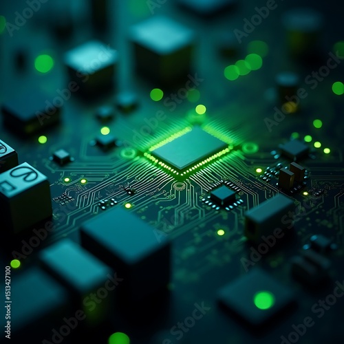 artificial intelligence, computer chip, electronic circuit board, futuristic technology, glowing green lights, macro photography, technological innovation, cutting-edge electronics