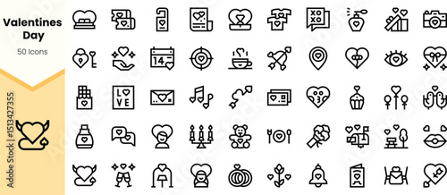 A collection of minimalist Valentine's Day icons featuring hearts, gifts, and romantic symbols, ideal for enhancing designs and celebrations for love-themed events.