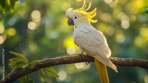 Yellow-crested cockatoo bird perched on tree branch with large vibrant crest feathers in natural tropical forest habitat, close-up wildlife portrait of exotic parrot species in lush greenery photo