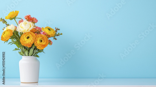 Bright and cheerful bouquet of yellow and white flowers in white vase against light blue background, adding fresh touch to any space