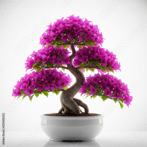 Bougainvillea bonsai tree with magenta flowers in glossy white ceramic pot isolated on white background photo