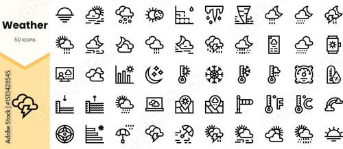 A collection of minimalist weather icons, showcasing various weather conditions from sunny to stormy, perfect for enhancing digital applications and designs.