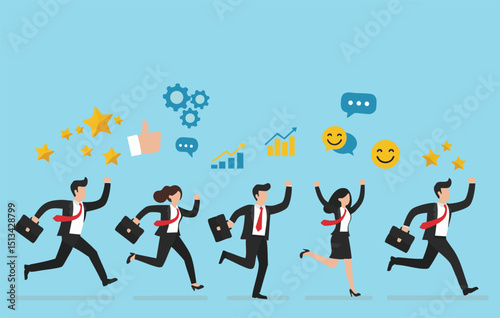 Achieving Business Success Teamwork, Innovation, and Positive Feedback Drive Growth and Results, employee poses flat illustration
