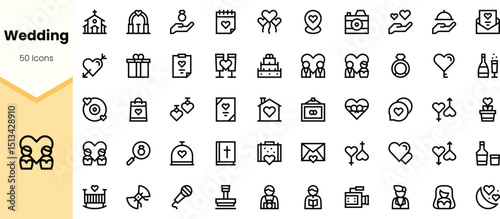 A collection of wedding-themed icons featuring symbols of love, celebration, and marriage, perfect for invitations and decorations.