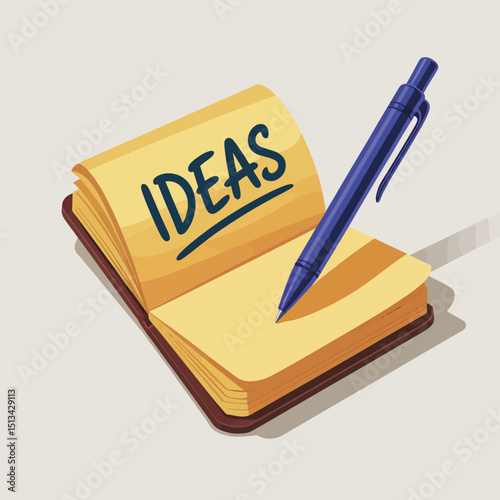 Open Notebook with Yellow Pages Showing the Word "IDEAS" and Blue Pen Resting on the Page, Representing Brainstorming, Creativity, and Note Taking in a Modern Style.