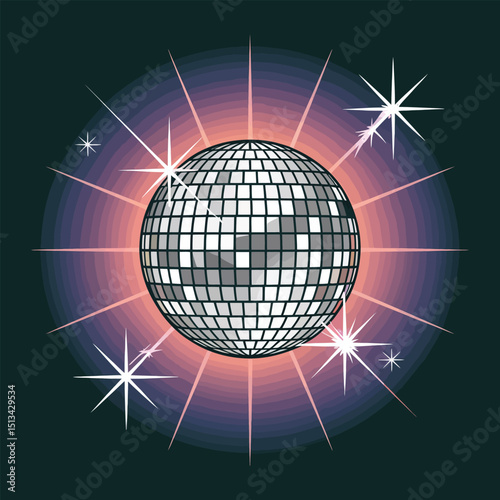 Classic Silver Disco Ball Radiating Light Rays and Sparkles Against a Dark Background, Representing Dance, Party, and Celebration Themes.