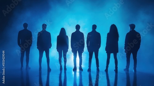 Eight people stand in silhouette against a blue light, creating a dramatic and mysterious image