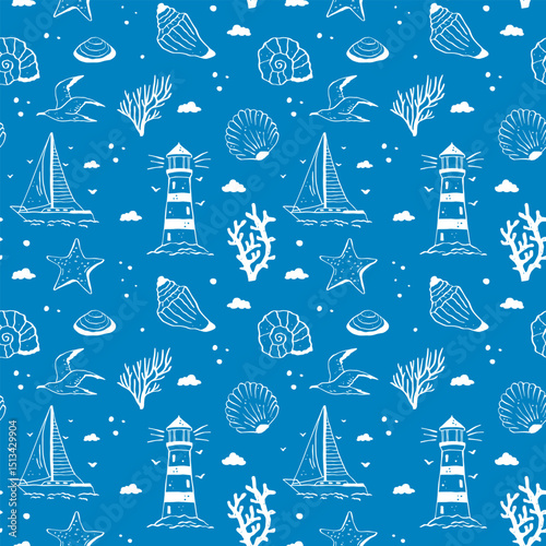 Seamless vector pattern of sea travel and beach vacation in doodle style. Hand drawn clipart.