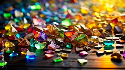 A dazzling array of colorful gemstones sparkle and gleam on a dark wooden surface.