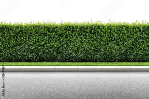 Urban asphalt road with green foliage wall isolated on white, great for city planning and nature visuals