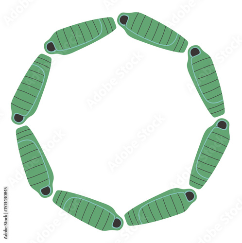 Sleeping bag circle frame. Simple green camp bed border. Camping shelter in nature on summer holiday. Outdoor adventure flat vector illustration isolated on white background