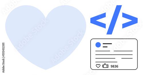 Large heart icon, coding tag, user post card with thumbs up count. Ideal for social media, web development, user interaction, UI design, analytics, digital marketing simple landing page
