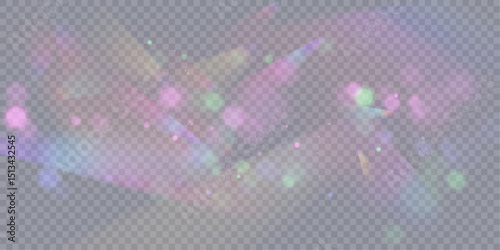 Sparkling glare light effects with colorful shimmer. Beautiful lens flare effect with bokeh, glittery particles and rays. Shining abstract background. Vector illustration