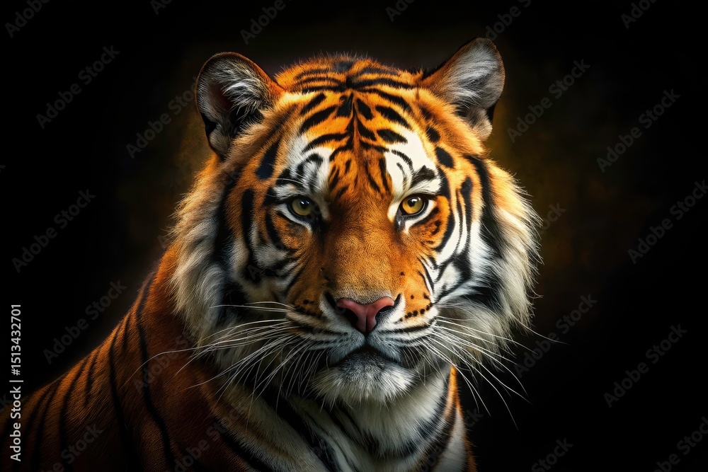 Obraz premium Majestic Tiger Face, Dark Background, Wildlife Photography, Food Photography, Animal Portrait, Black and Orange Stripes, Close-up Tiger, Wild Cat, Powerful Predator