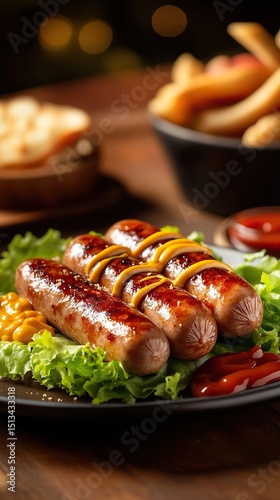Grilled sausages with mustard and lettuce on a plate with fries and bread in the background.