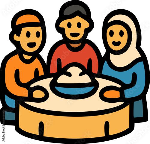 Muslim Family Gathering at Table: An illustration features a happy Muslim family gathered around a table, sharing a meal in a heartwarming scene of togetherness and cultural richness.